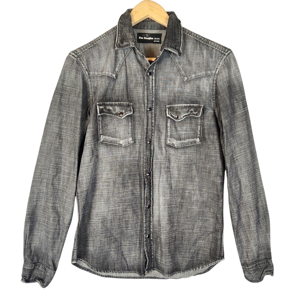 The Kooples Western Shirt Mens Small‎ Gray Fitted Acid Wash Denim Pearl Snap